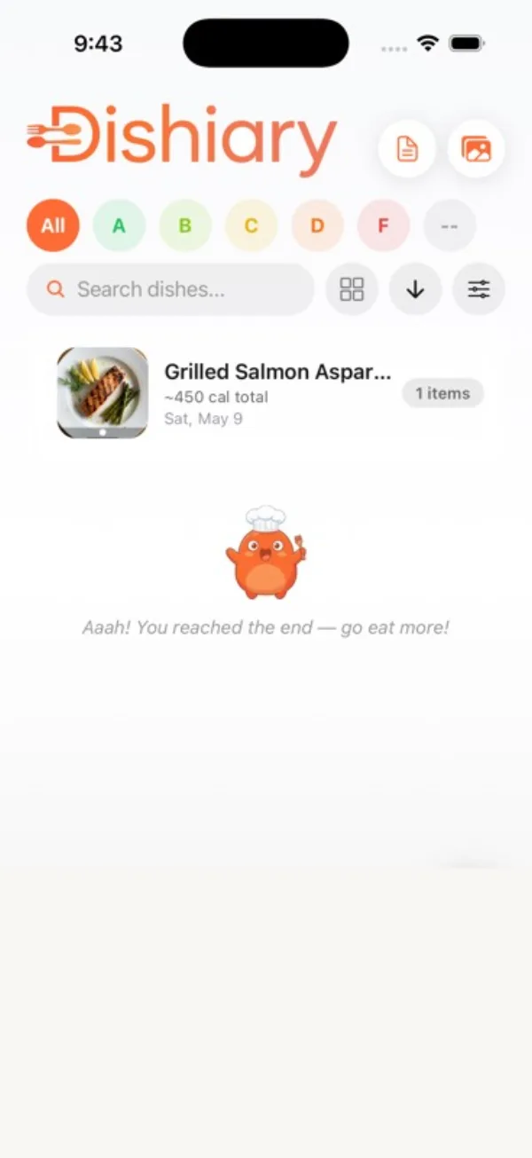 Dishiary iPhone feed showing an AI-suggested grilled salmon meal created from a photo logging workflow