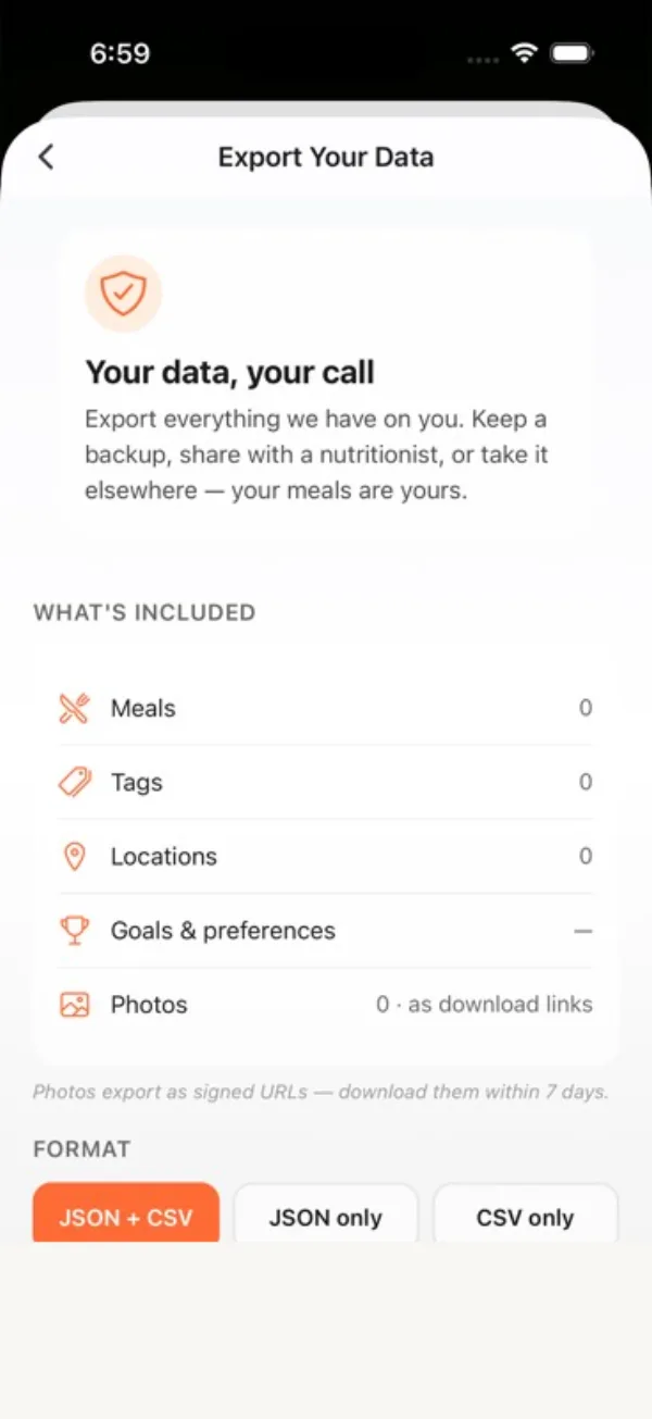 Dishiary iPhone data export screen showing meals, tags, locations, goals, photos, and JSON or CSV export formats