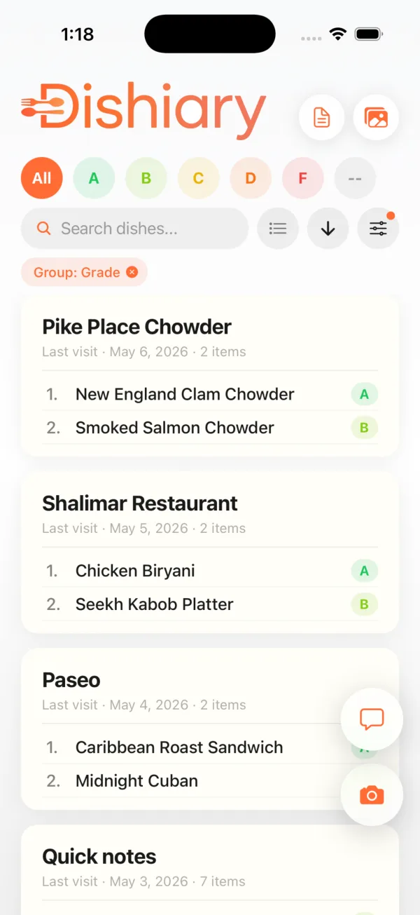 Dishiary iPhone restaurant grouping view showing places with dishes, visit dates, and grades