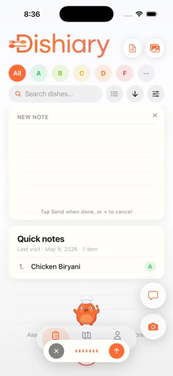 Dishiary iPhone quick-log note screen with the voice recording console active and send or cancel controls visible