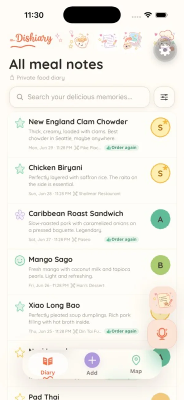 Dishiary home feed showing meal photos, grades A through F, and searchable history