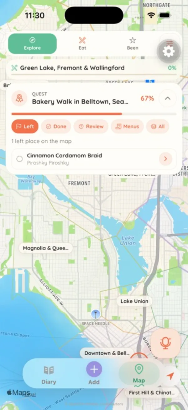 Dishiary private restaurant map showing saved places with visit counts, dish history, and grades